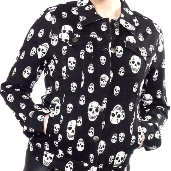 NEW TRIPP ToXiC SKULL Print Stretch Denim JACKET M - Picture 2 of 8